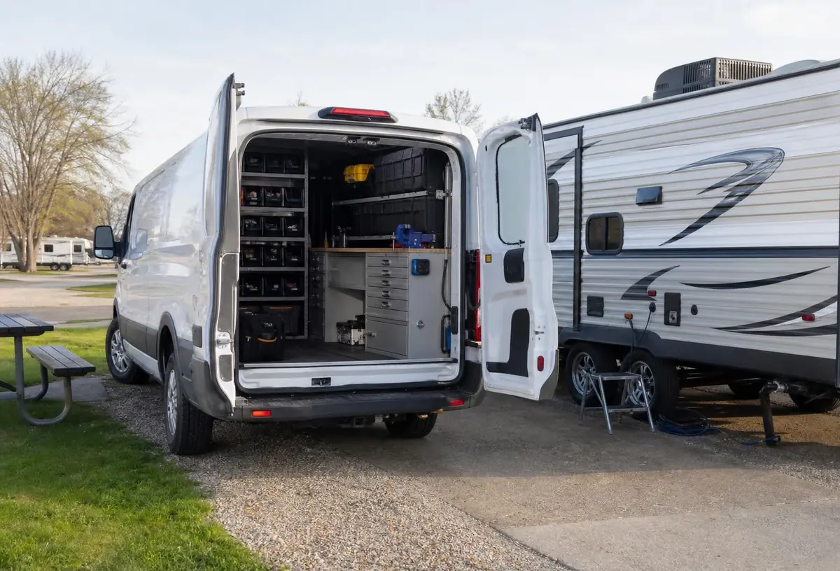 Technician repairing an RV at a campsite