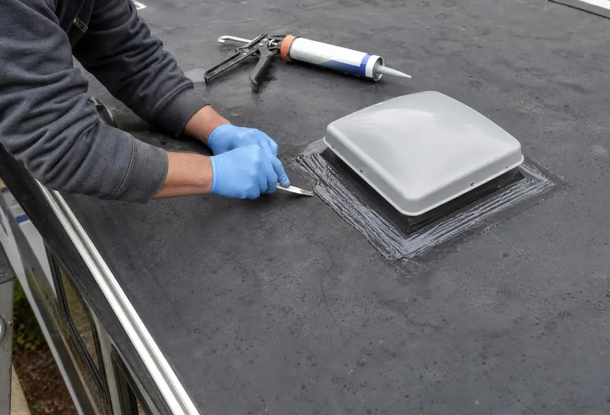 Technician winterizing the water system of an RV