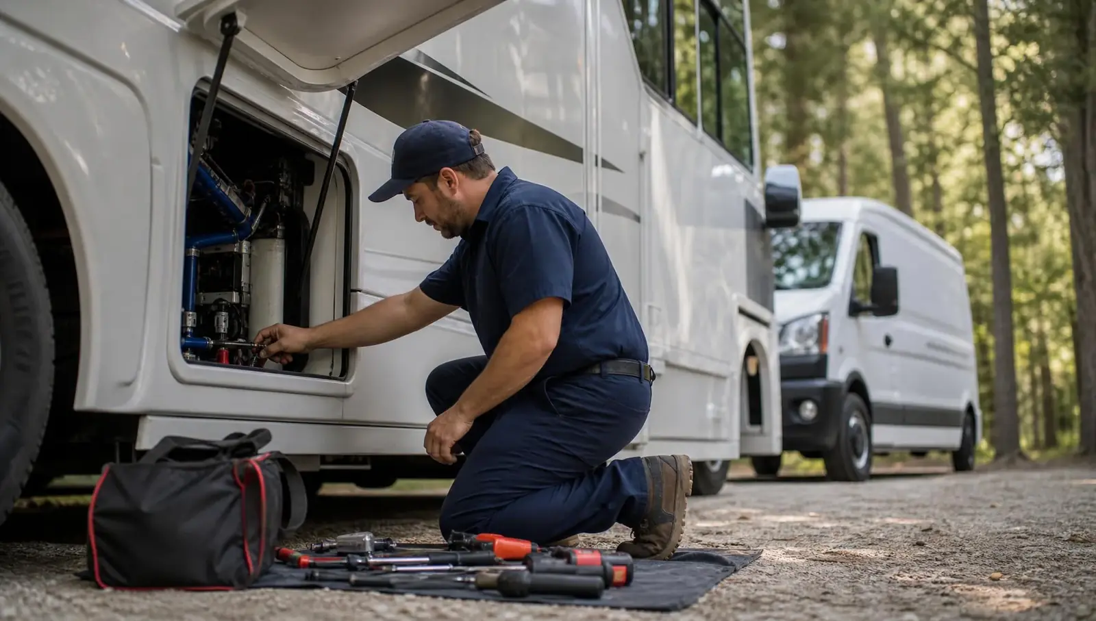 Mobile RV technician working on a travel trailer at a campsite